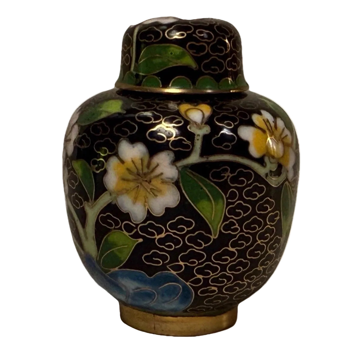 Vintage Chinese Cloisonné Miniature Lidded Jar Black Enamel Flowers 2"