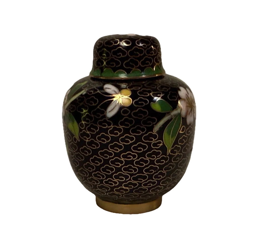 Vintage Chinese Cloisonné Miniature Lidded Jar Black Enamel Flowers 2"