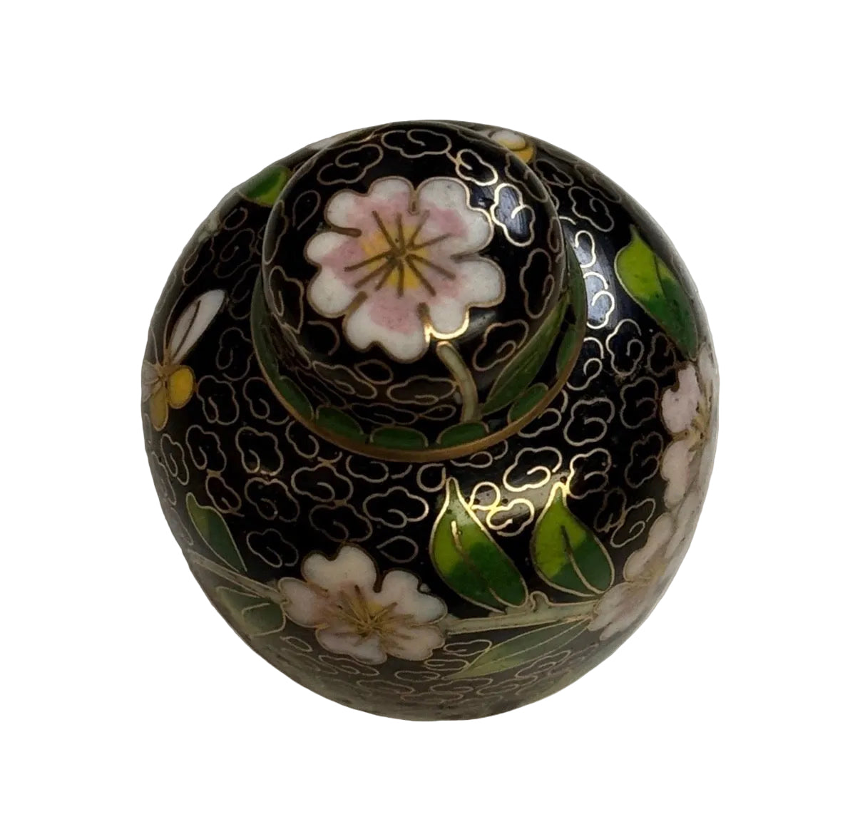 Vintage Chinese Cloisonné Miniature Lidded Jar Black Enamel Flowers 2"