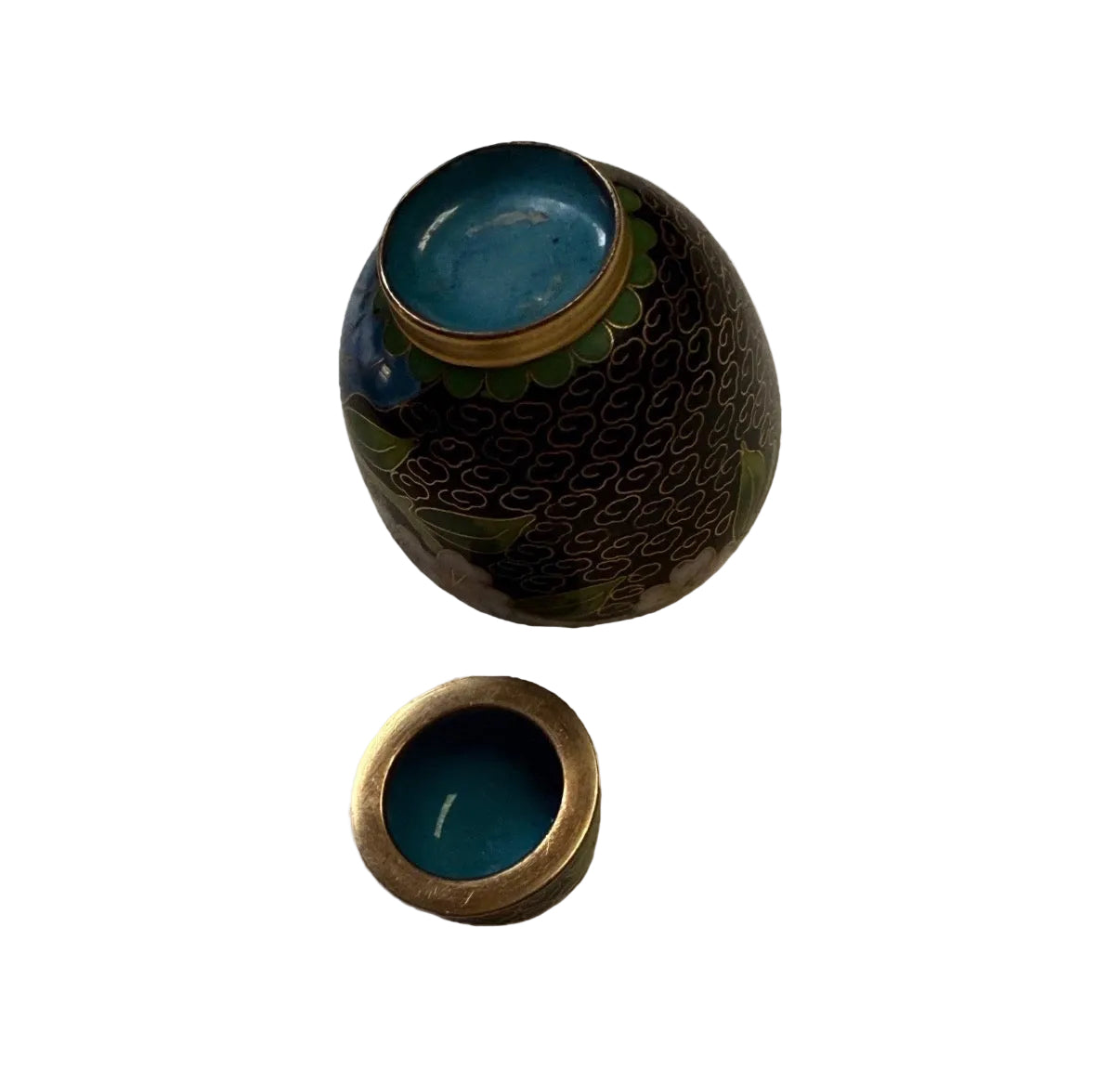 Vintage Chinese Cloisonné Miniature Lidded Jar Black Enamel Flowers 2"